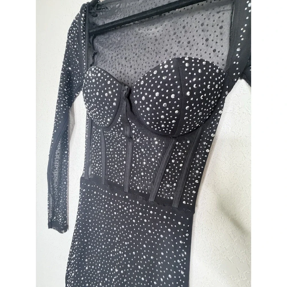 Y2K Black Rhinestone Mesh Corset Mini Dress Small Sheer Bodycon Party‎ Glam